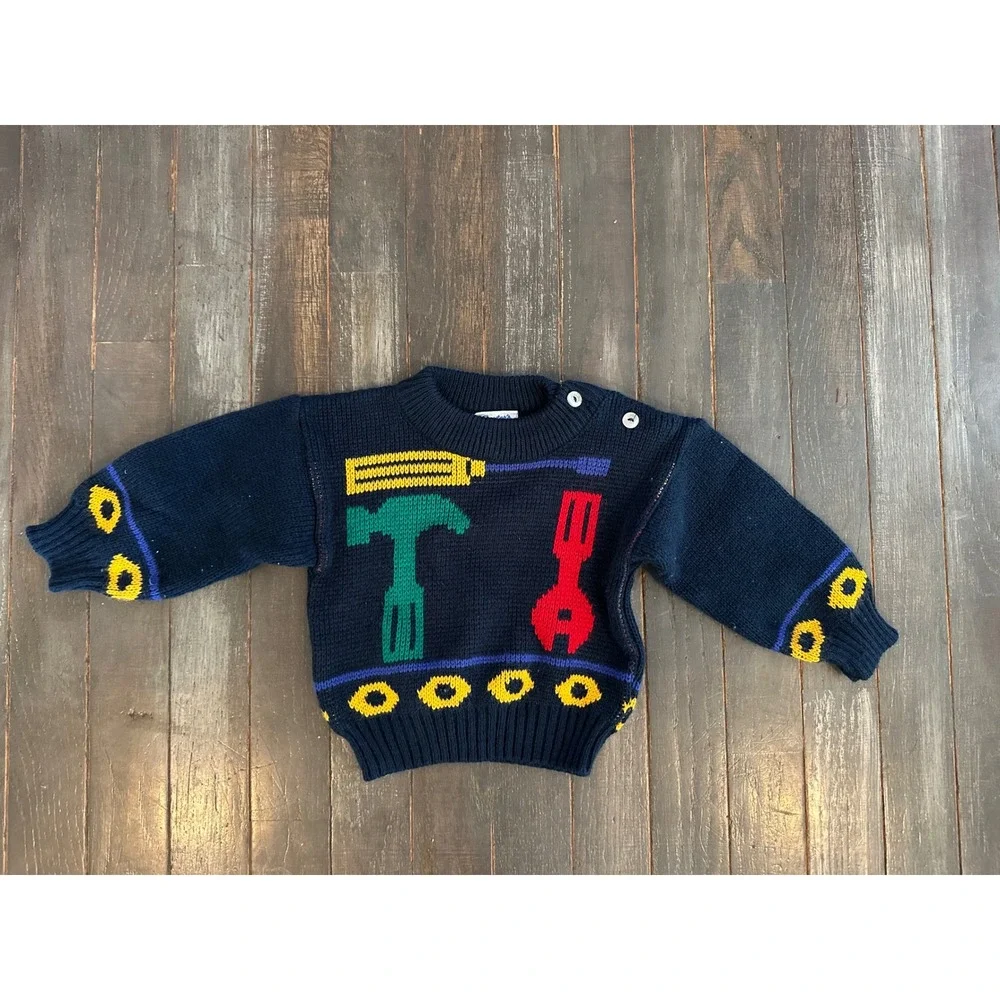 Vintage‎ Carters Baby Boys Blue Tool Intarsia Knit Sweater 12 Months